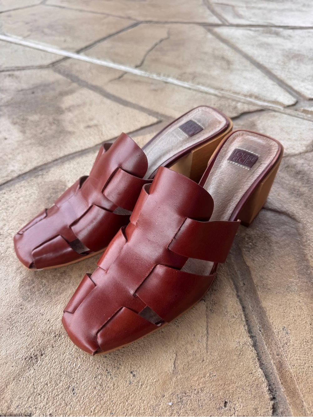 Louise et Cie Leather Woven Huarache Mule Sandals Wood Block Heel 10M